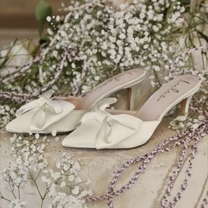 Lulu's Bridal heels Lyle Ivory Satin Pointed-Toe Mules wedding shoes